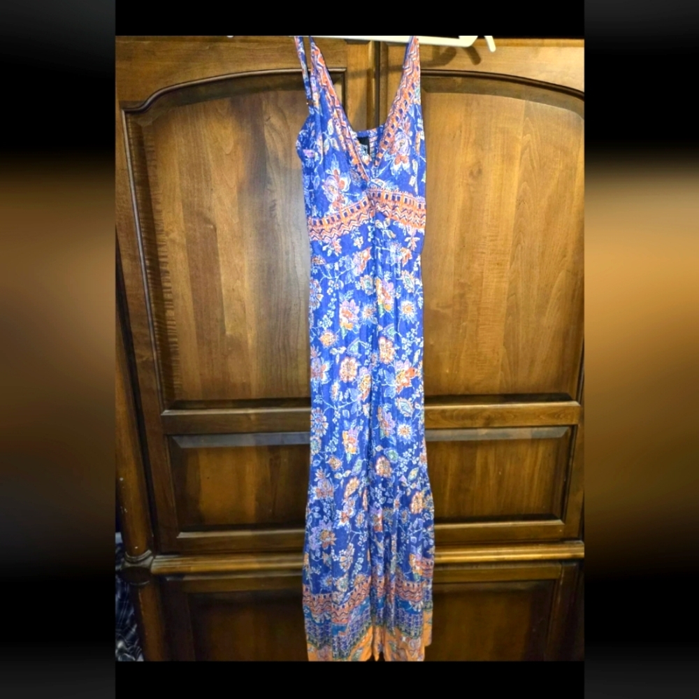Angie NWT Boho Knot Front Printed Maxi Dress Blue Orange Size